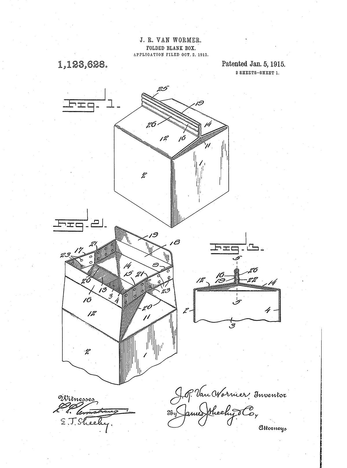 John Van Wormer, “Folded Blank Box,” Application 1913, U.S. Patent, January 1915