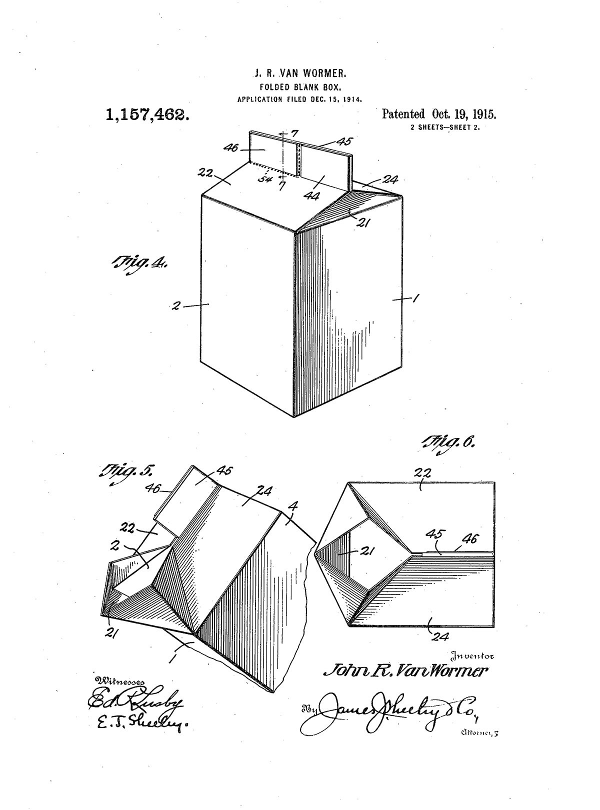 John Van Wormer, Spout for “Folded Blank Box,” Application 1914, U.S. Patent, October 1915